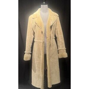 Vtg Express Leather Faux Fur Lined Jacket Womens Sm Long Button Up Coat Chic